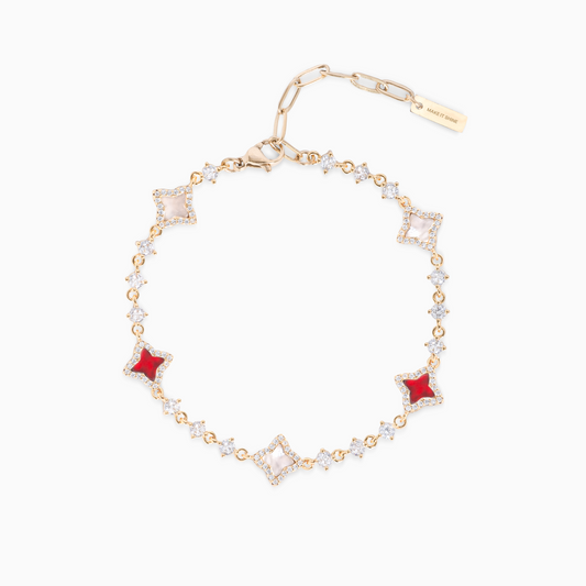 Bracelet Flower Tennis Doré - Motif Blanc & Rouge